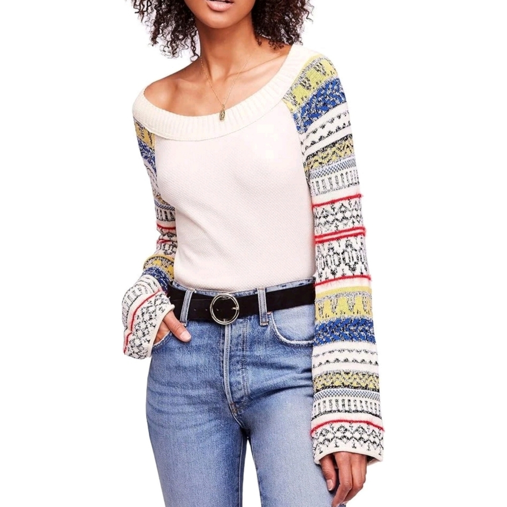 Free People Fairground Thermal Shirt L Cream Fair Isle Sleeves